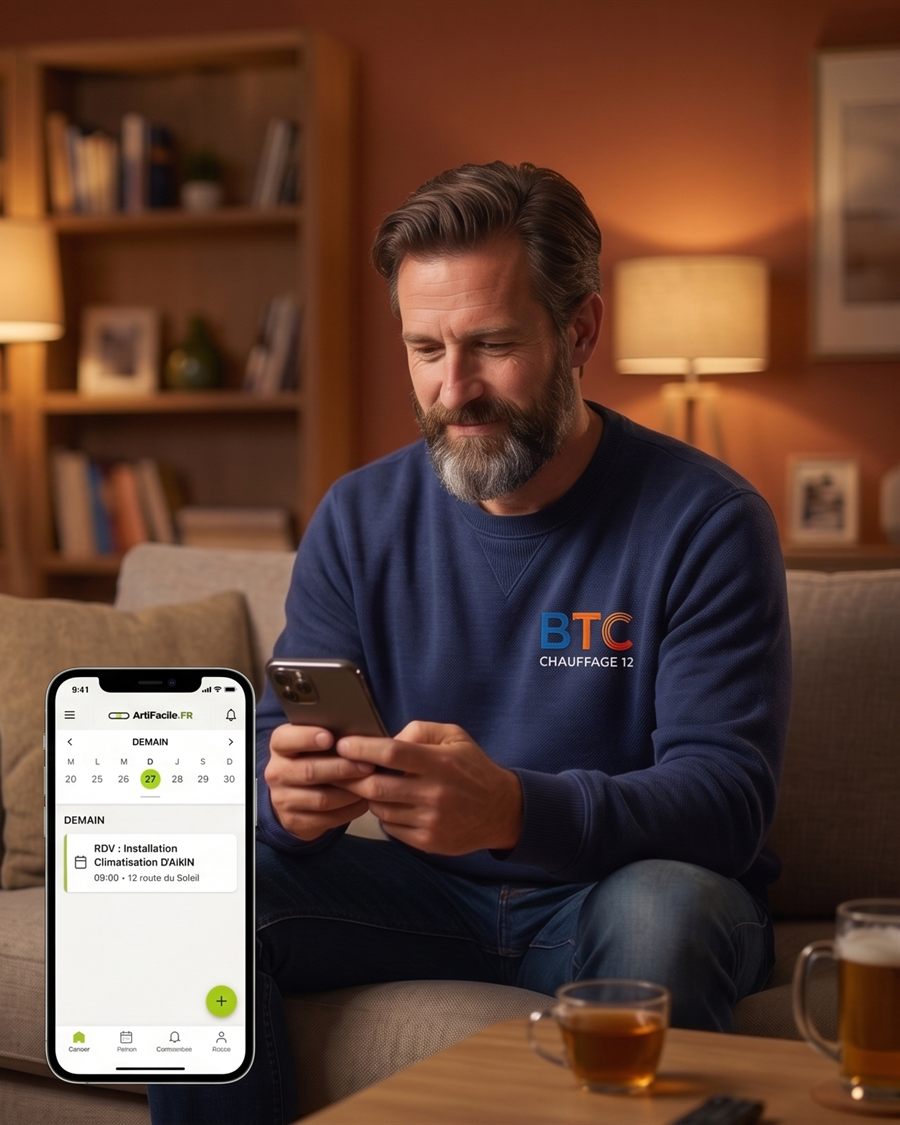 Un artisan chez lui en soirée, consultant sur son téléphone le programme du lendemain dans ArtiFacile.