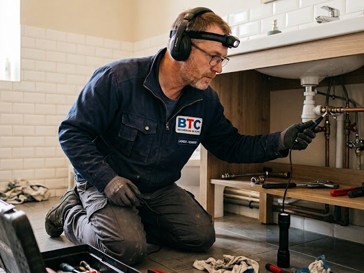 Karim, fondateur de BTC Chauffage 12, en recherche de fuite sous un lavabo.